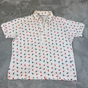 Vintage Leon Levin Polo Mens Large Red White Blue Golf All Over Print AOP SS